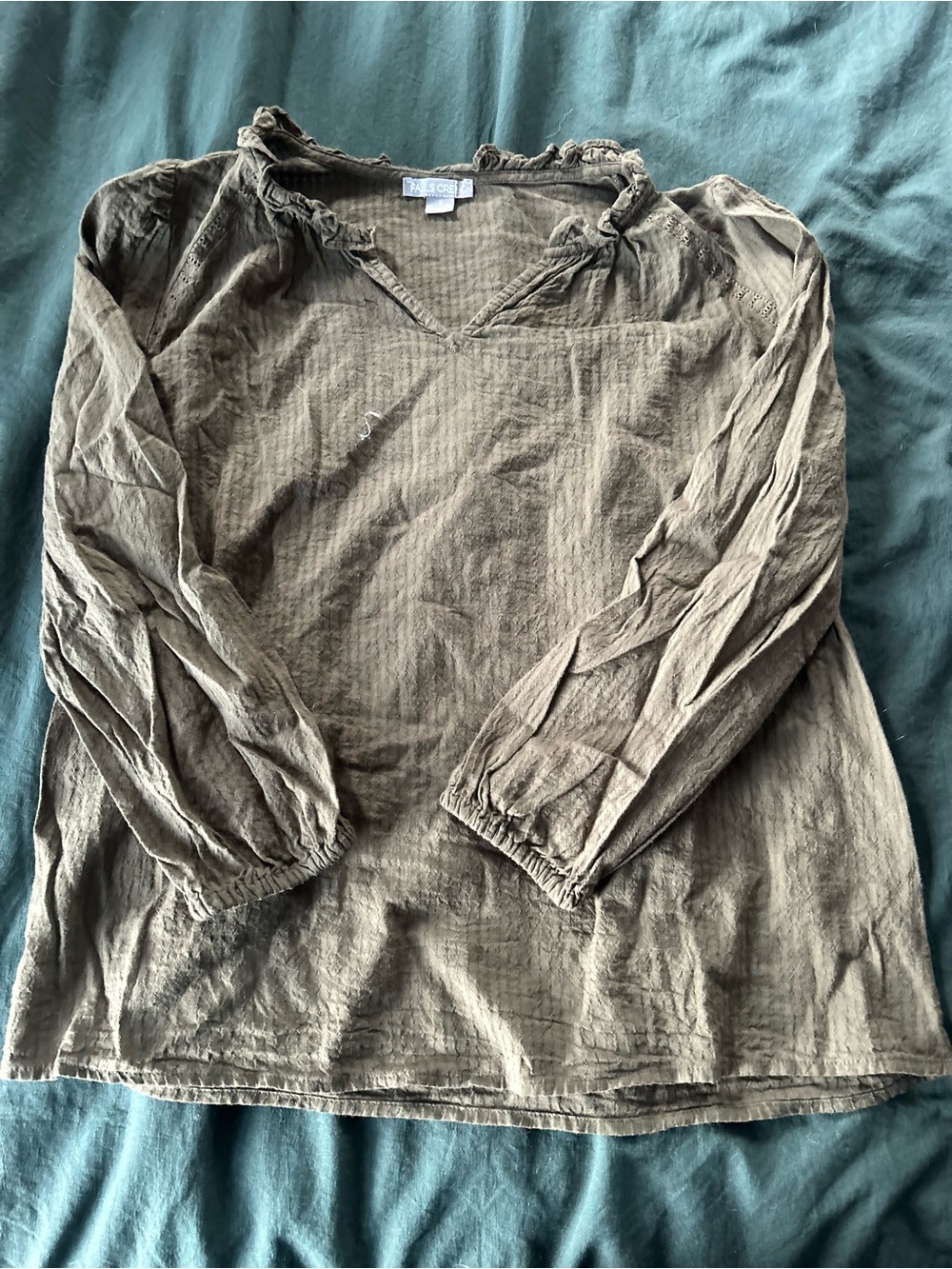 Falls Creek Olive Peasant Blouse with Ruffle Neck